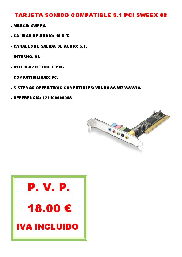 TARJETA SONIDO COMPATIBLE 5.1 PCI SWEEX 08