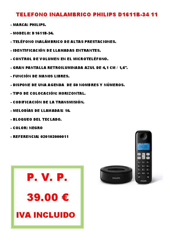 TELEFONO INALAMBRICO PHILIPS D1611B-34 11